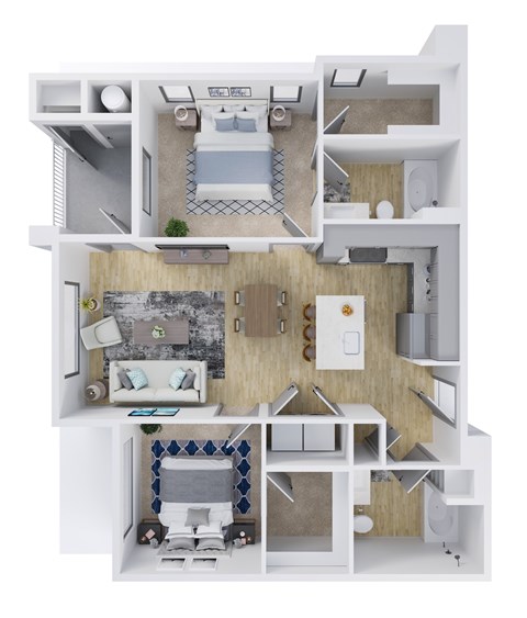 Floor plan for 2 beds, 2 baths, 1075 sqft